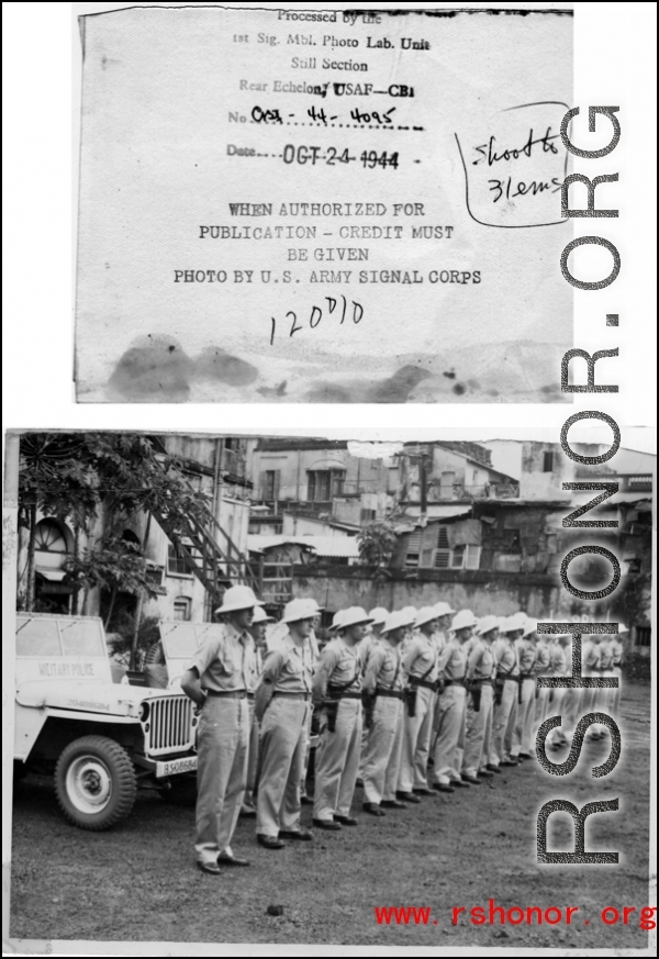 Military police lined up in formation. In CBI during WWII.