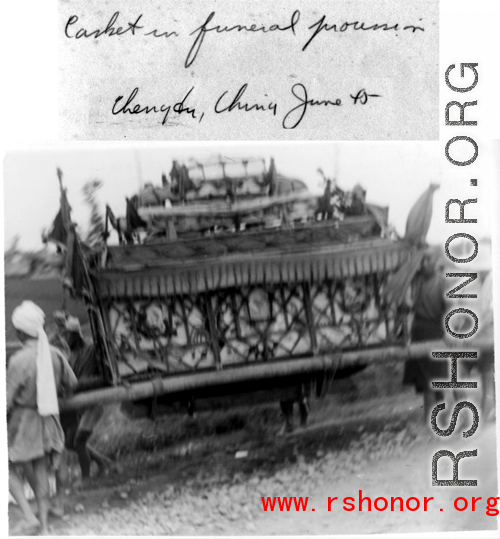 Casket in funeral procession. Chengdu, China, June 1945.