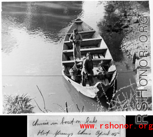 Boat on lake with boys, at hot springs. China, April 1945.