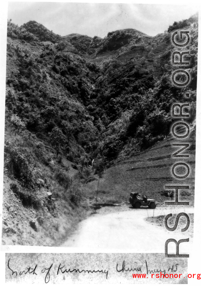 Jeep on road north of Kunming, May 1945.