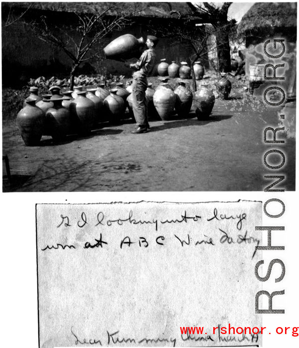 GI looks into large jug at ABC Wine Factory, near Kunming, China, March 1945.