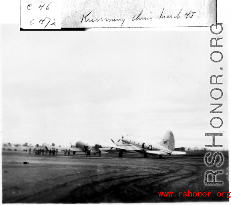 C-46s & C-47s at Kunming airbase, March 1945.