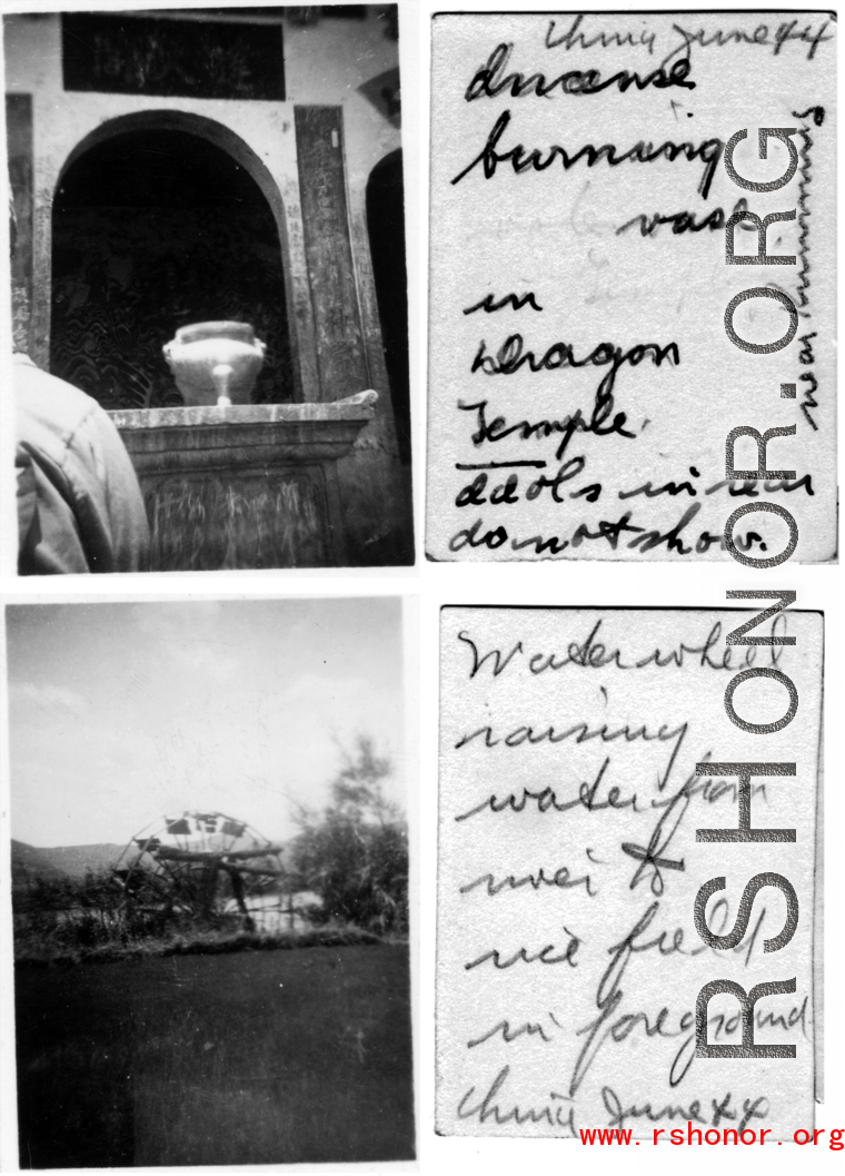 Incense burner in temple and water wheel. Near Kunming, June 1944.