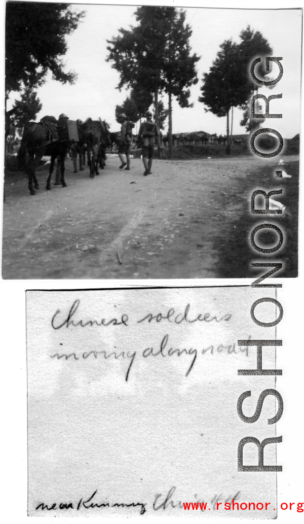 Chinese soldiers marching on road near Kunming, 1944.