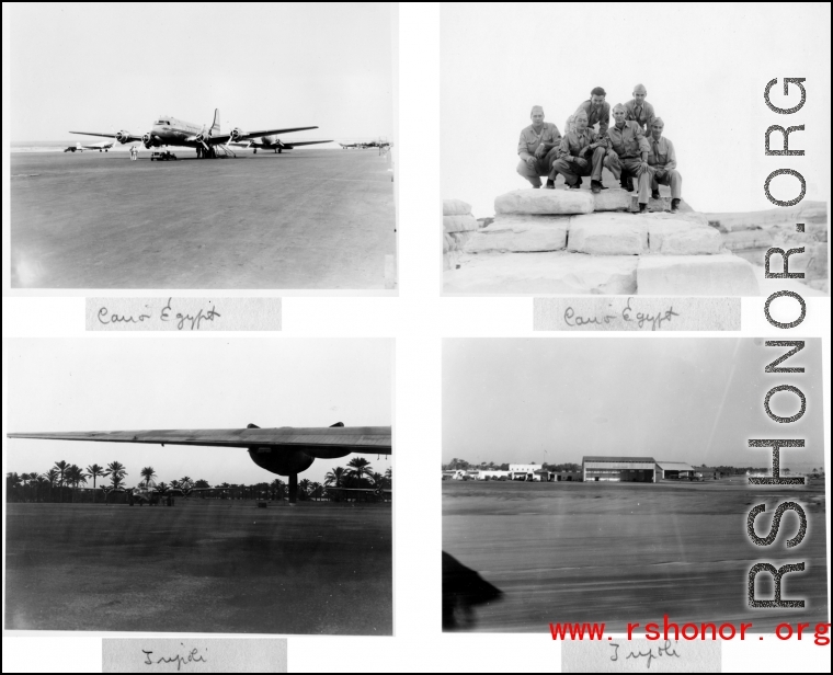 Tripoli and Cairo, Egypt, during WWII, with C-54 on a runway, and hangers in distance.