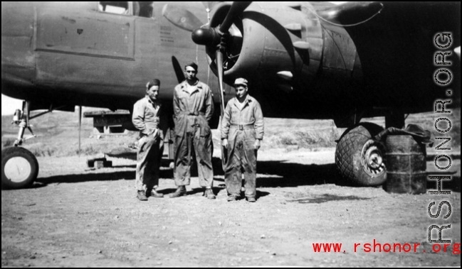 "When this was taken the wind was blowing cold, some time last spring. The boy on the left, Butch, is from Woonsocket, and Nash is from Maine.  Center: Frank Bates, China 1944."  From the collection of Frank Bates.