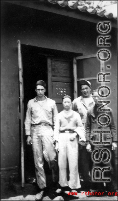 At the line mess hall, Yangkai 1944.  Frank Bates, Leo Lacher, Lee & his brother.  From the collection of Frank Bates.