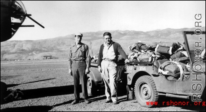 At the front of a B-25, parachute men. Image is looking west across field, Yangkai, Spring 1945. Ted & Estes.