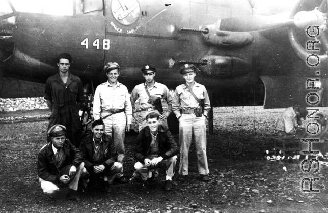 Standing in front of B-25 #448 of the Ringer Squadron. China, July 1944.