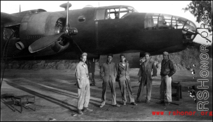 Swinging 59 gear, about June 1943, Chaukulia, India.  Dick Hoffman, Johnnie Burns, Pappy (Olin A.) Knowles, Karl Hammett, John Damanick[?], Farrin (?) in cockpit.