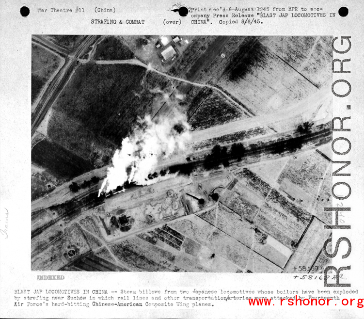 Steam billows from two Japanese locomotives whose boilers have been exploded by strafing of 2nd Lt. William C. Sharp, a member of CACW. Near Suchow (Suzhou), China, during WWII.