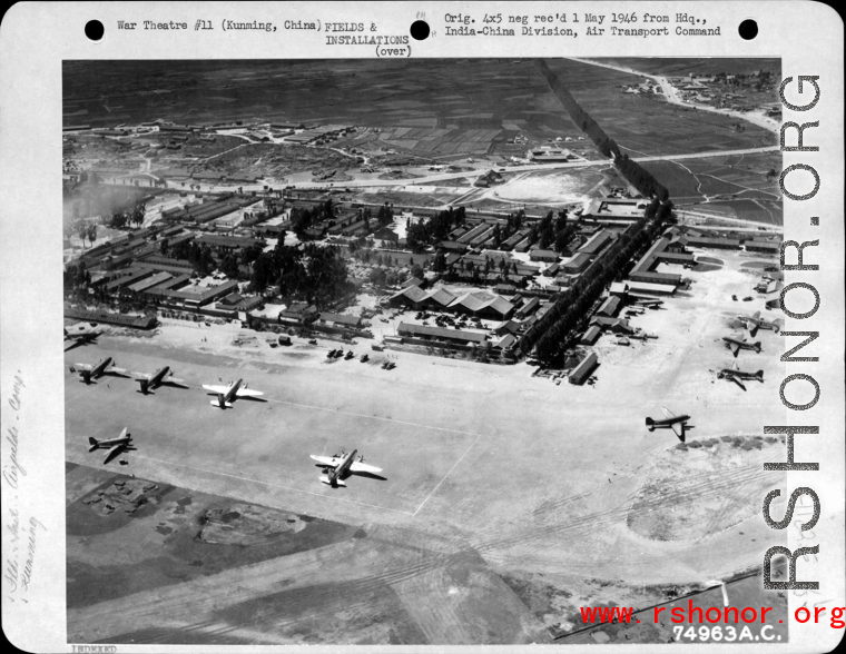 An airbase in Kunming city, Yunnan province, China, probably at the Wujiaba location, during WWII.