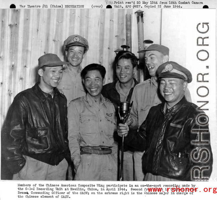 Members of CACW make a recording with the C-3-I Recording Unit at Guilin, China, during April 1944.