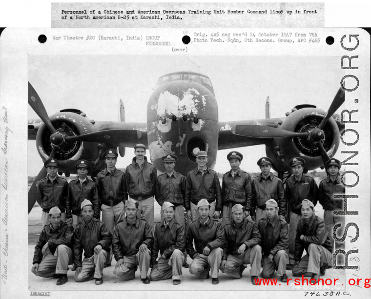 Personnel of a Chinese and American Overseas Training Unit Bomber Command lined up in front of a North American B-25 Mitchell at Karachi, India.  Image courtesy of Tony Strotman.