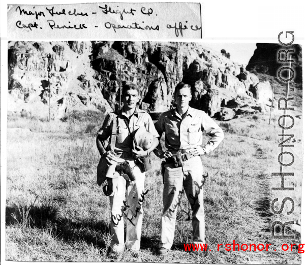 Major Fulcher and Capt. Penick stand at an American base (either Guilin or Liuzhou) in Guangxi province, China, during WWII.