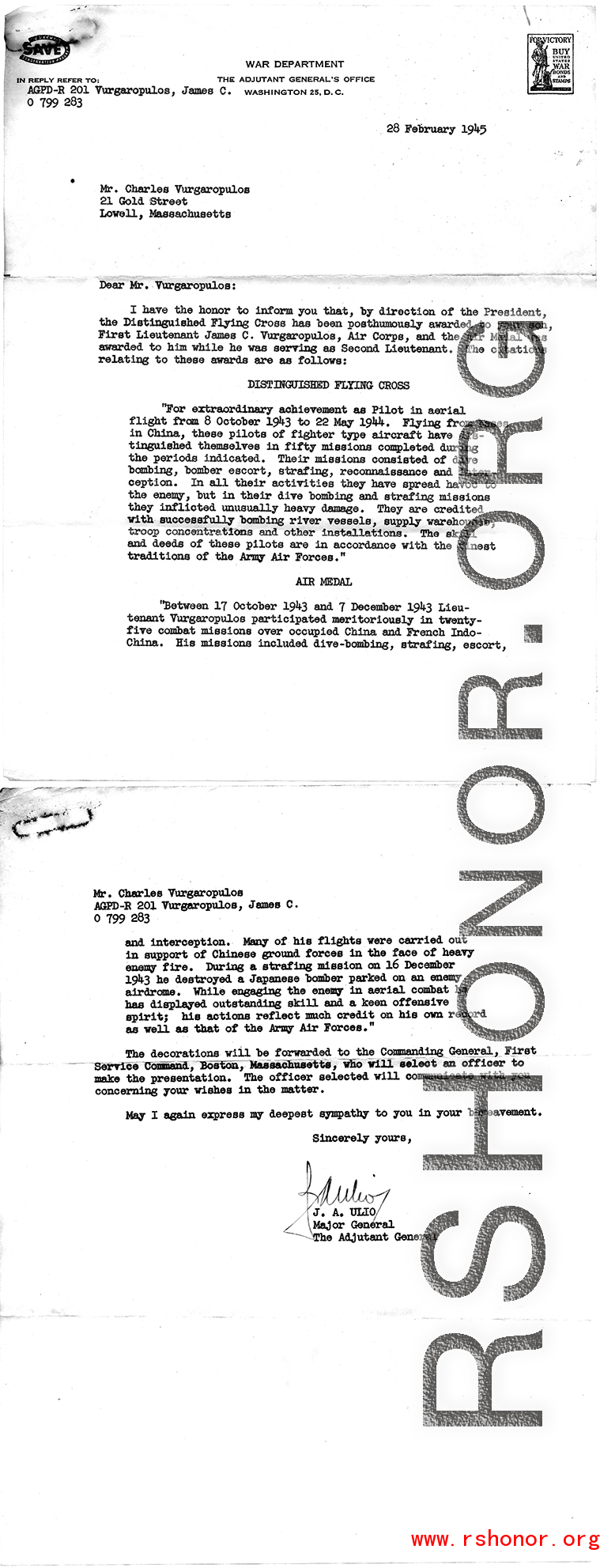 A letter to the family of Lt. James C. Vurgaropulos, who died during a mission in 1944 in China, regarding his awards and commendations.