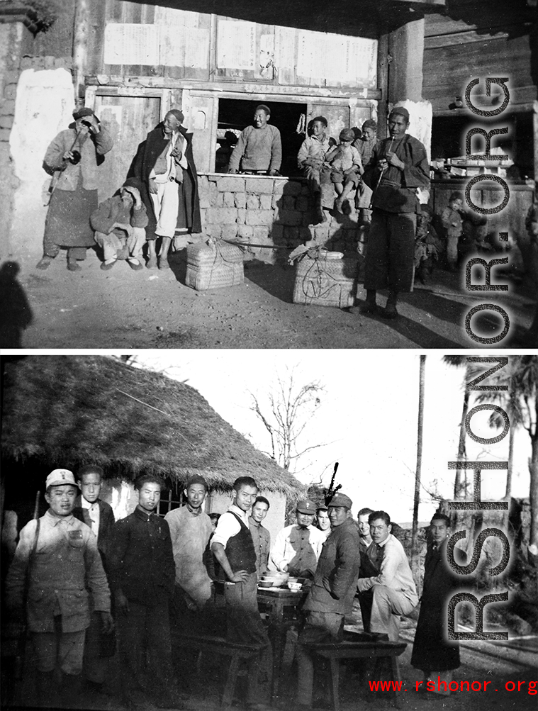 Local people in the Yangkai, Yunnan province, area. In the bottom image, Walter and another US serviceman can just be made out in back of the men who have risen from their meal in order to take the picture.