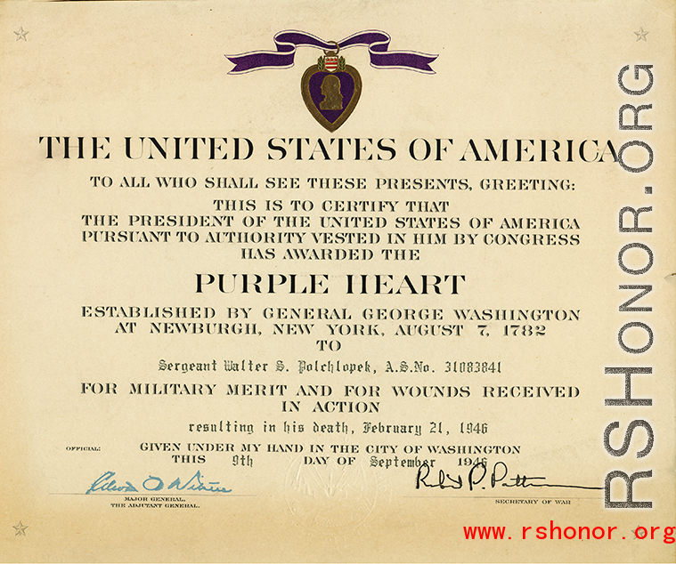 An image from the Walter S. Polchlopek collection--Purple Heart notification for Walter S. Polchlopek, who was lost on May 20, 1944, over the sea near the south east coast of China, after a B-24 mission to strike Japanese shipping.