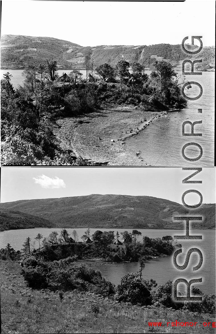 Here are two views of their campsite on a tiny peninsula into the lake. As of the year 2016 that tiny peninsula is still there, but the area is developed now with extsensive buildings nearby, and the setting in general is not nearly as rural or remote--A regular paved road goes by the site and along the lakeside.