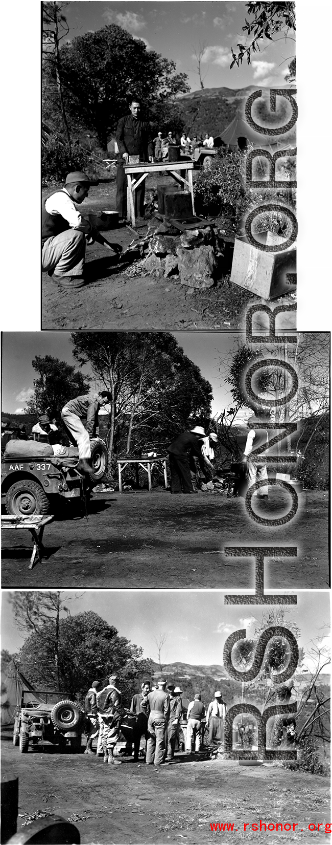 Life around the camp, including the business of cooking a meal over the open fire--Notice that a number of Chinese men are helping with the fire and meal.  Presumably these are staff from the Yangkai airbase who have come along to help.