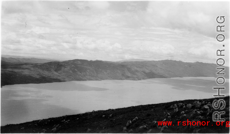 Mountain top view of Yangzonghai Lake (阳宗海) to the east of Kunming, near the U.S. Camp Schiel rest station, taken after a recuperating American GI had climbed the mountain up from the rest station.