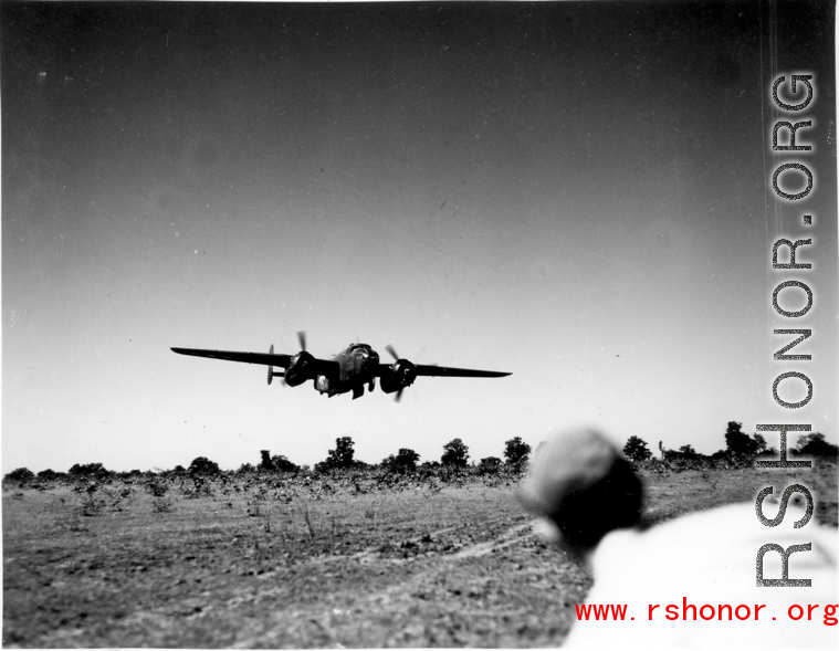 An American B-25 bomber flies at minimum altitude, probably during training/practice of 'low-level attack techniques', for 'skip bombing'. During WWII.  B-25 pilots of the Tenth Air Force (341st Bomb Group) and Chinese-American Composite Wing (1st Bomb Group) were trained in 'skip bombing' in India during 1943 and 1944.