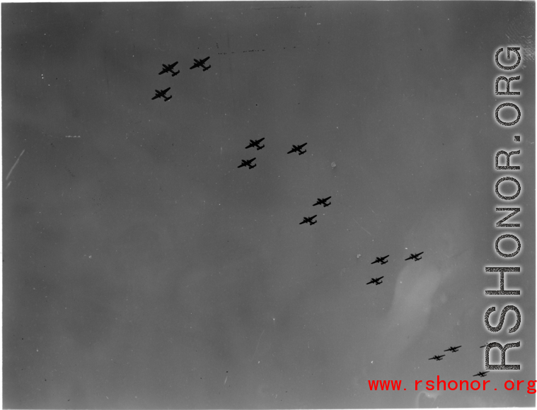 B-25 Mitchell bombers in flight in the CBI, in the area of southern China, Indochina, or Burma.