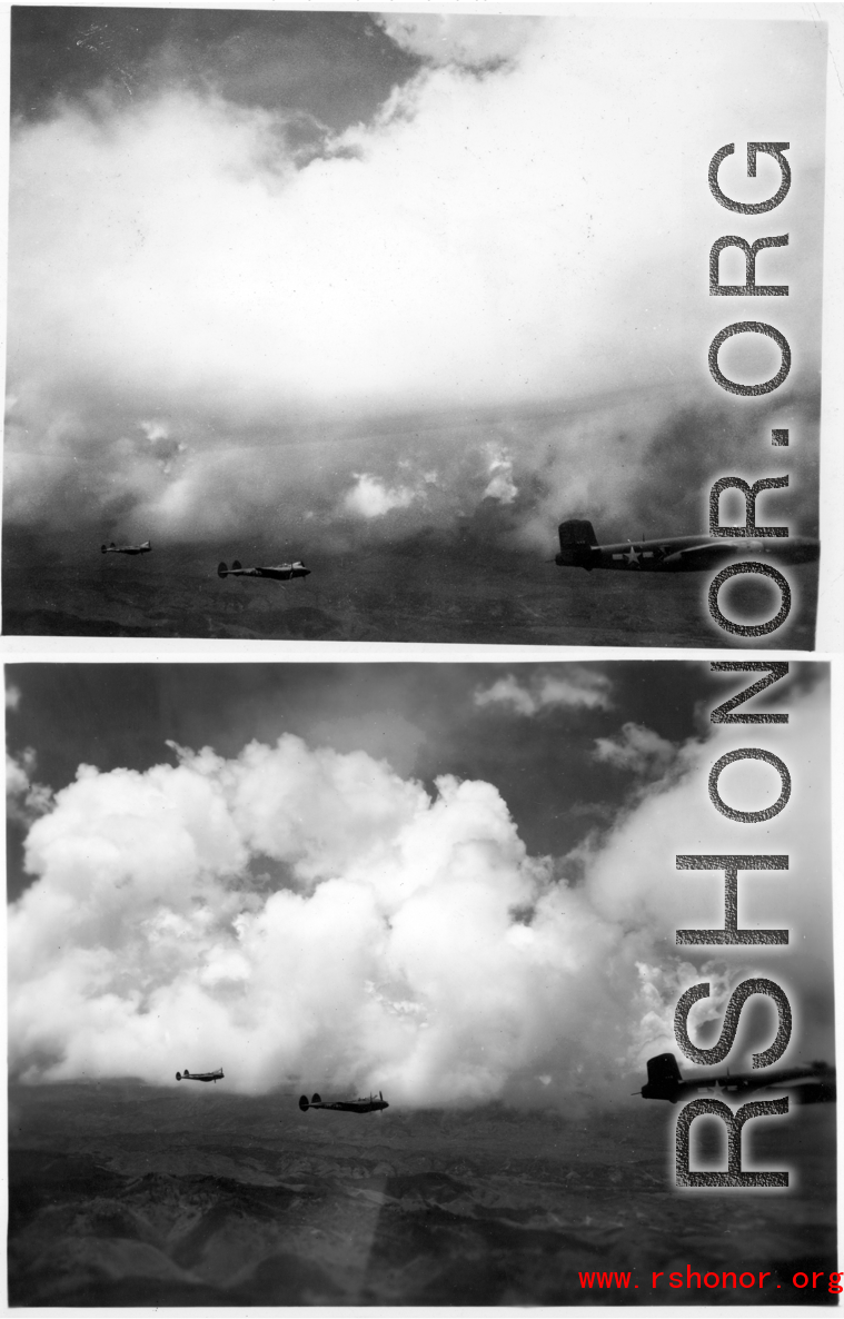 B-25 Mitchell bombers and P-38s in flight in the CBI, in the area of southern China, Indochina, or Burma.