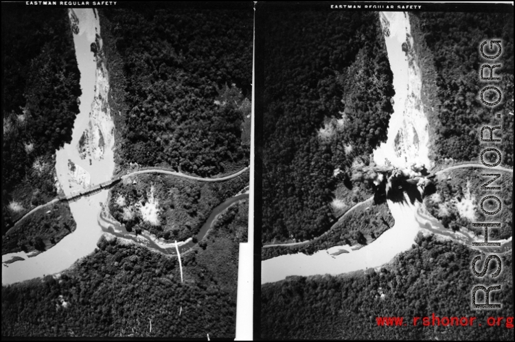 Before and during the bombing of a railroad bridge in China. 