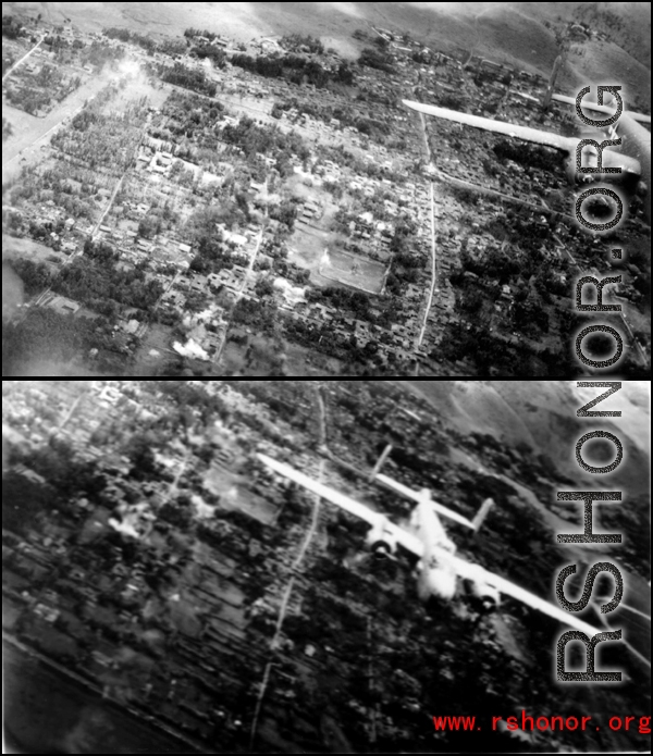 An aerial photograph of B-25 bombers during battle in the CBI, flying over Tengchong, near the China-Burma border. During WWII.