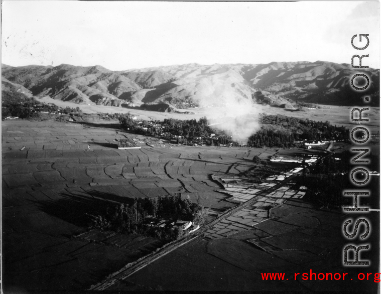 B-25 Mitchell bombers during battle with Japanese ground forces, flying near Tengchung (Tengchong), near the China-Burma border in far SW China.