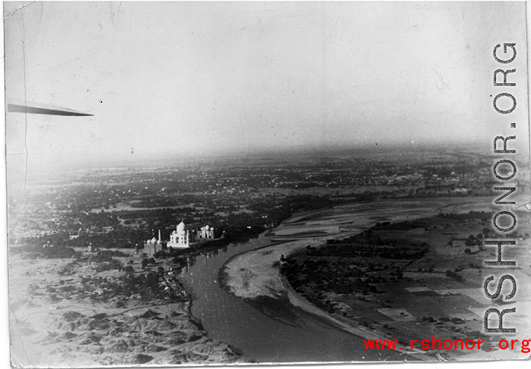 The Taj Mahal as seen from the air.