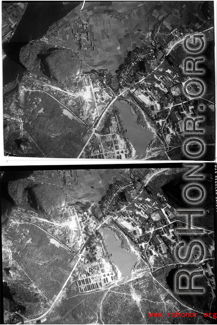 B-25 Mitchell bombers bomb a Japanese occupied town, which has already been repeatedly bombed.