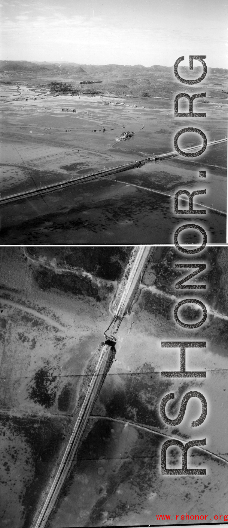 Images from a fly-over to confirm bombing effectiveness on a bridge in southern China or Indochina, during WWII.