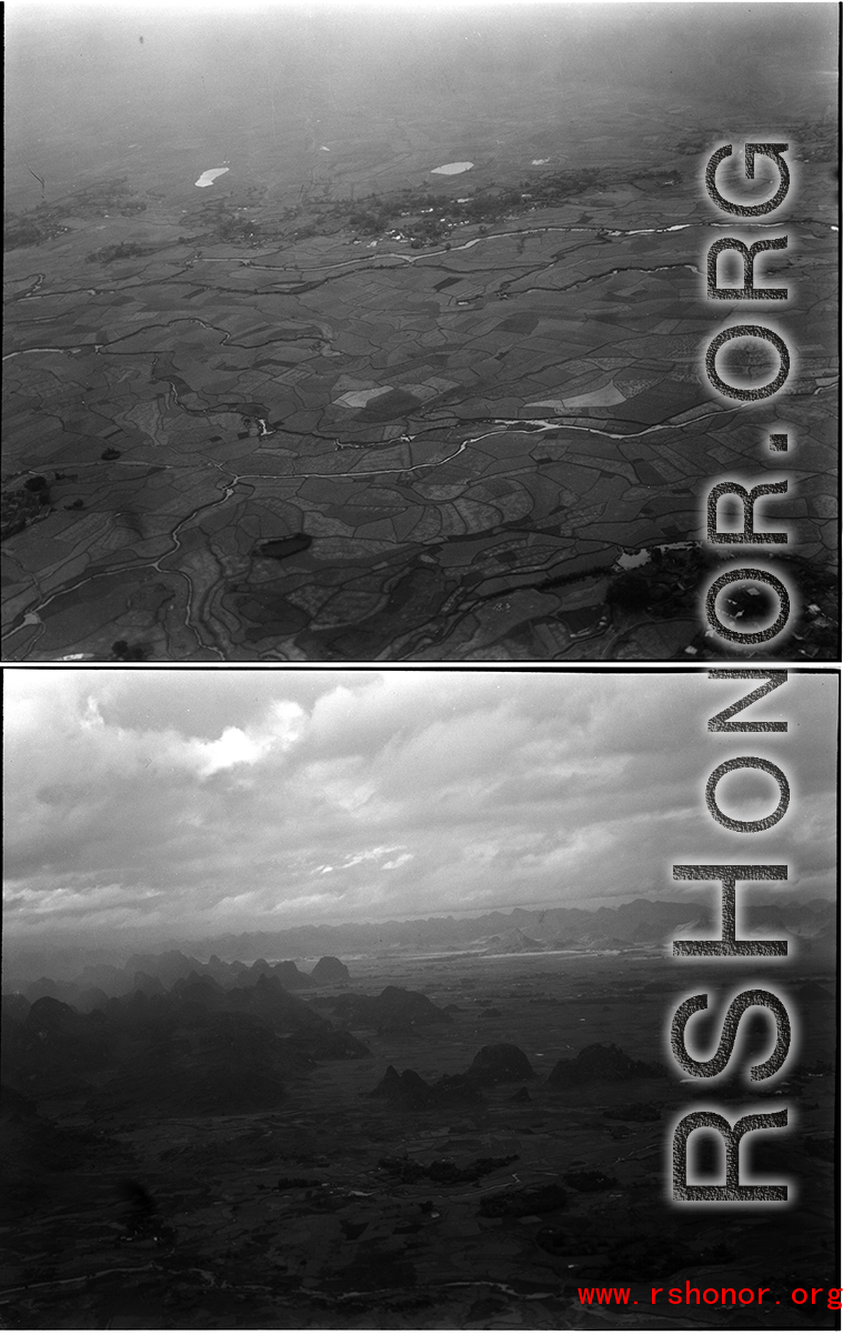 Rural landscapes as seen from a B-25 Mitchell, in SW China, or Indochina, or the China-Burma border area.  Karst mountains can be seen clearly in the lower image.