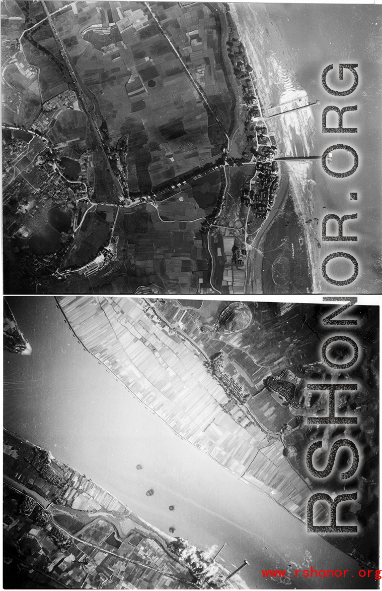 A town and dock area is bombed along a river, probably in SW China, Indochina, or the China-Burma border region. During WWII.