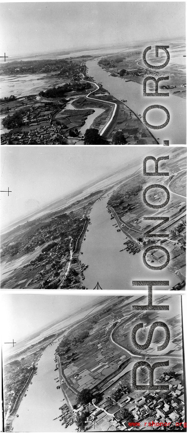 A fly-by of a rural area with a bombed bridge in the background, probably in SW China, Indochina, or the China-Burma border region.  