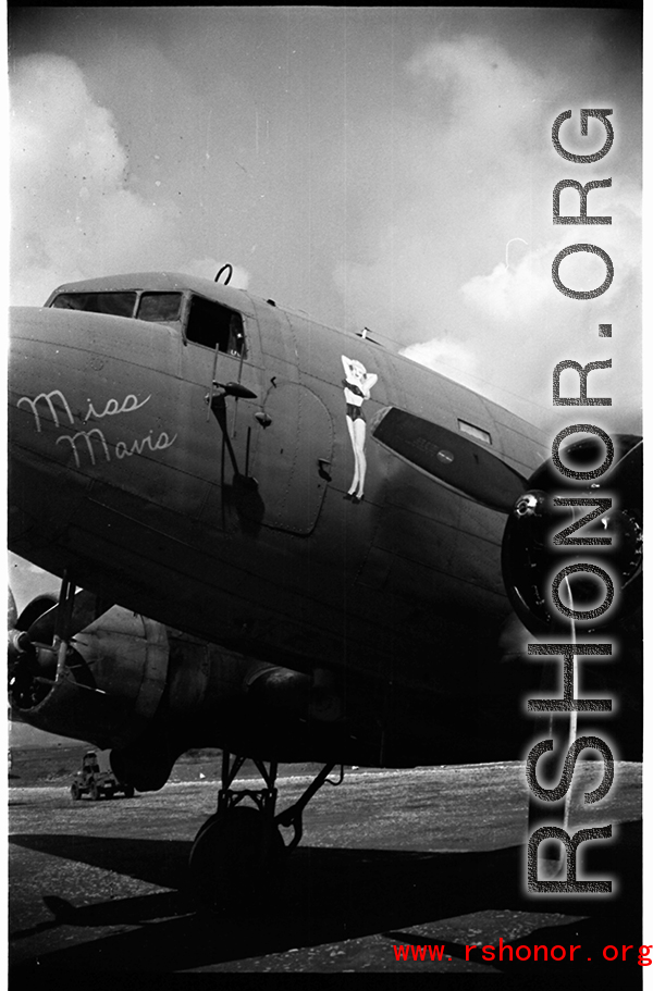 Nose art of the C-47 transport "Miss Mavis" in the CBI during WWII.