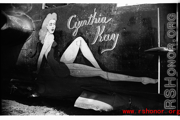 The crashed P-61 "Howe's About It" showing nose art of a woman reclining with the name "Cynthia Kay." 