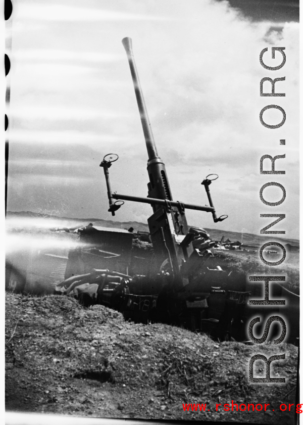 An anti-aircraft gun at an American base in Yunnan, China, during WWII.