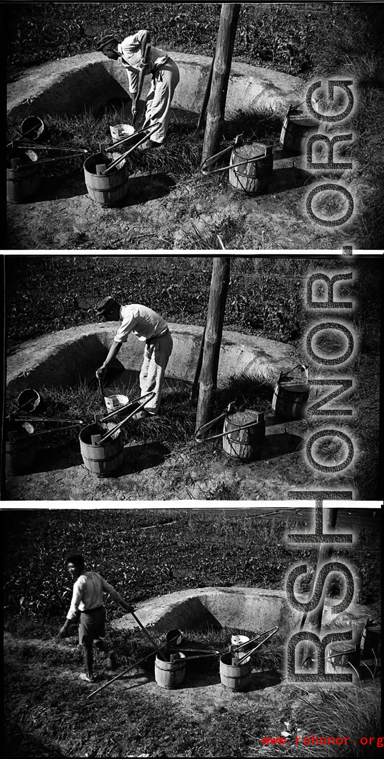 Farmer processing fertilizer (night soil) for the gardens. In Yunnan, China, during WWII.