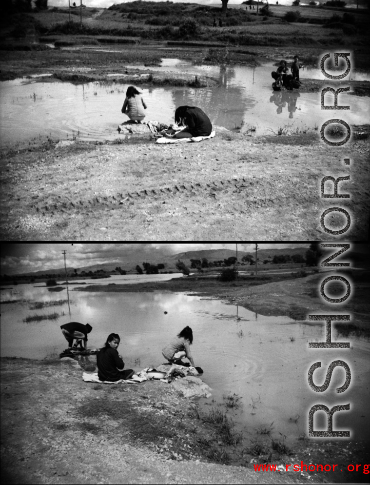 Women doing laundry in pond near American air base in China during WWII.