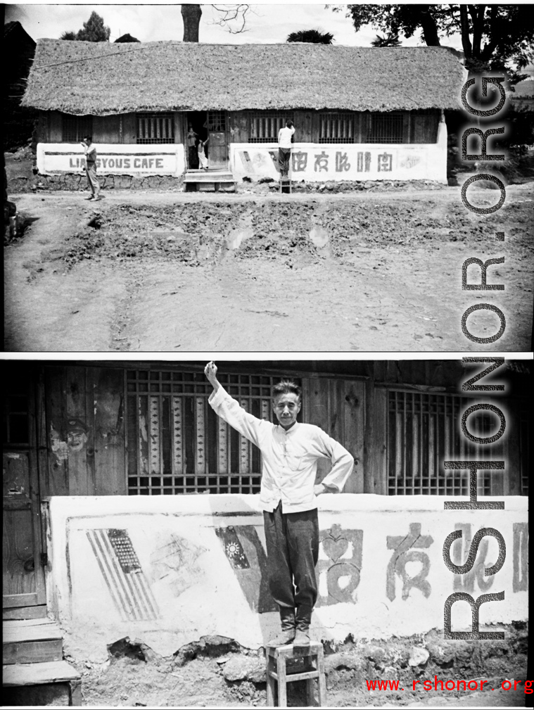 The flamboyant proprietor of Liangyou's Cafe decorates his establishment near the American air base in Yunnan.