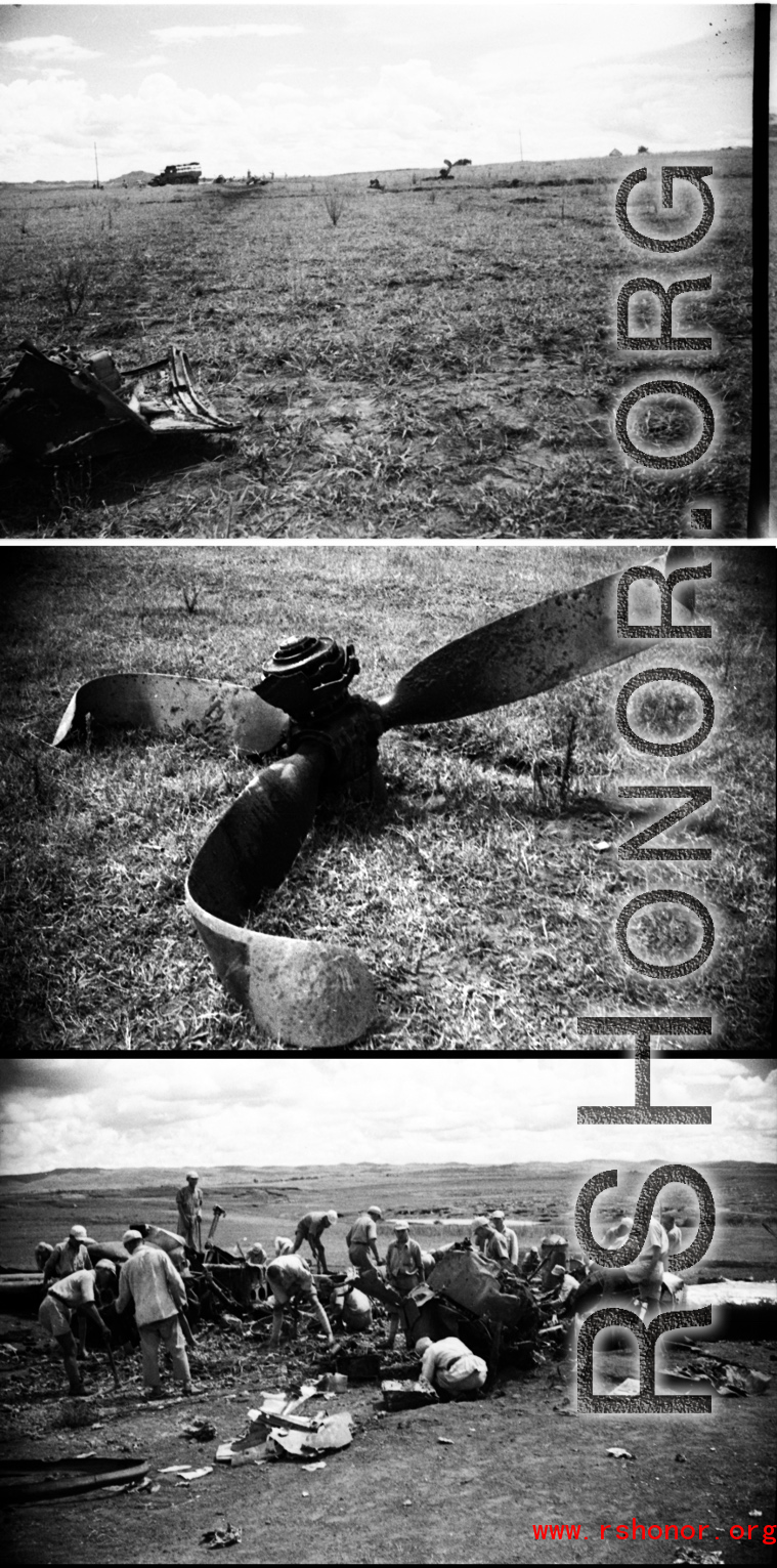 A crash at the American air base in WWII in Luliang, Yunnan province, China, showing the broken aircraft propeller and the gouge across the grass where the aircraft slid.