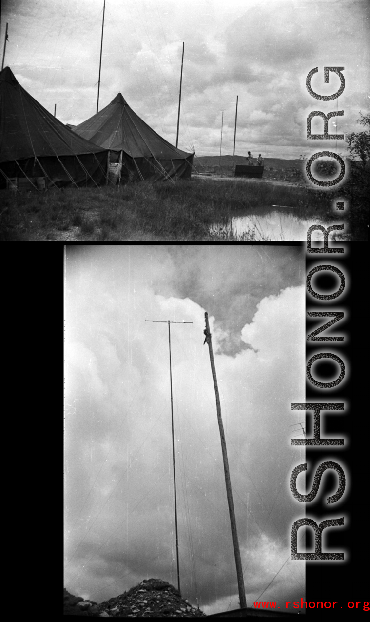 Radio station tents and towers, with antennas, at an American air base in WWII in Yunnan province, China.