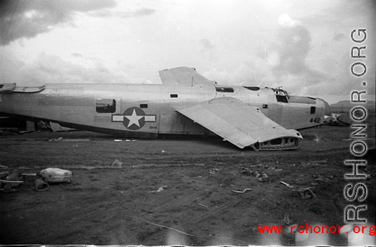 Crashed American B-24 in the boneyard at the American airbase at Luliang--many of these were used as salvage for spare and repair parts for planes that were still flying.  This was B-24L- 1-CO, #44-41442, 'Red Ass,' assigned to the 373rd Bomb Squadron of the 308th Bm Grp when it was transferred to Fourteenth AF Air Service Group on 8 Apr 45, just before the Squadron transferred to 446th Bm Grp at Tinian Airfield.    (Info thanks to tonystro)