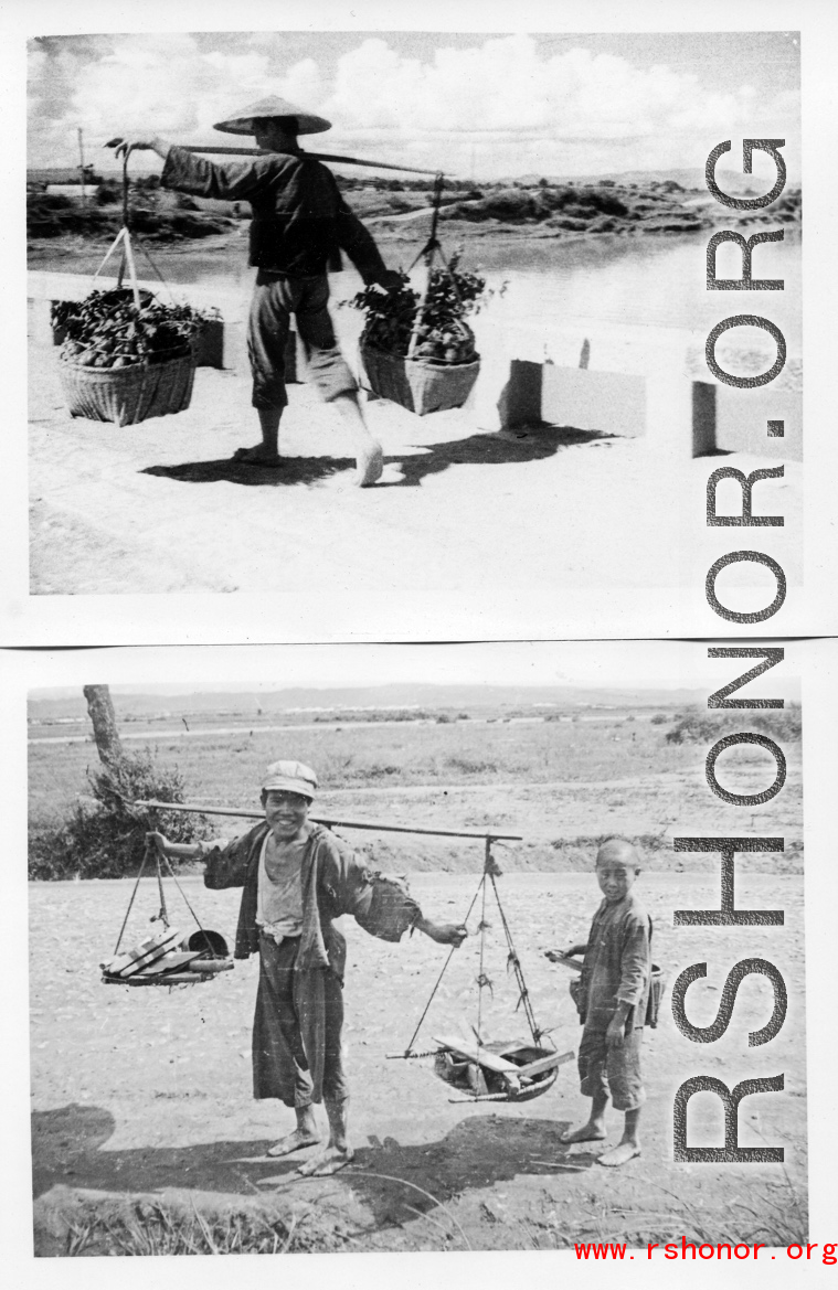 Man shouldering vegetables across the bridge at Luliang, and man with kids carrying scraps of wood.
