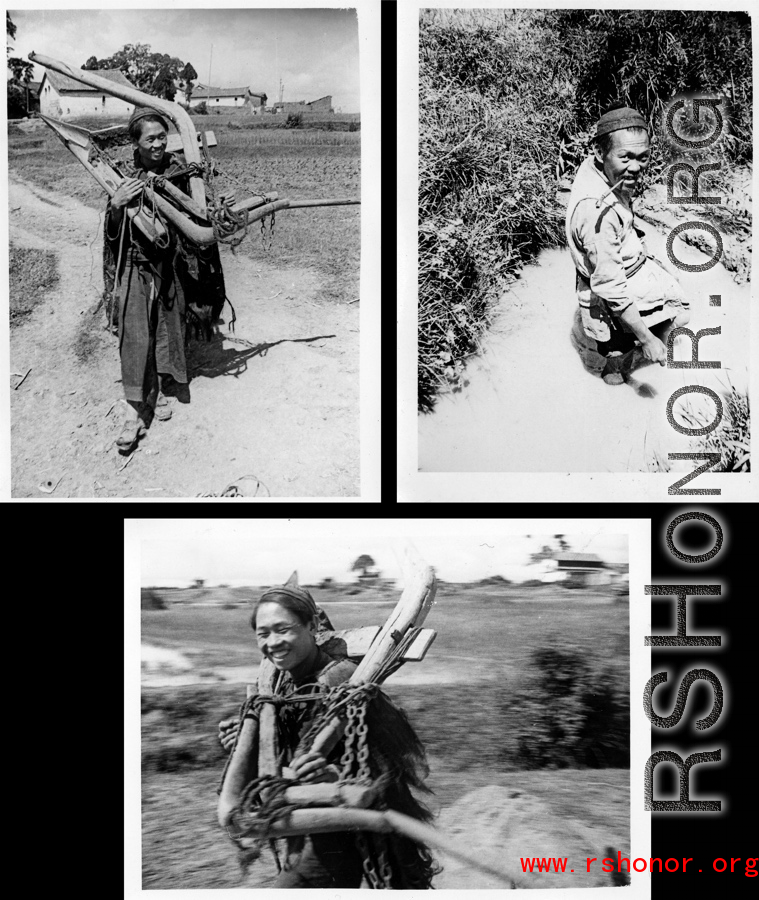 A farmer carries a plow and works on a water canal in Yunnan, China, during WWII.