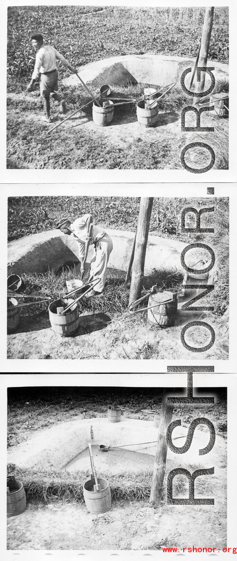 A man collects fertilizer (night soil) from a pit adjacent to farm fields, in preparation for spreading it.