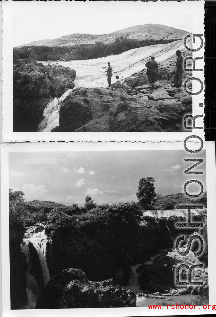 A dam and and falls about 8 miles southeast of the Luliang air base area in Yunnan province, China, where the GIs went to swim and relax. During WWII.